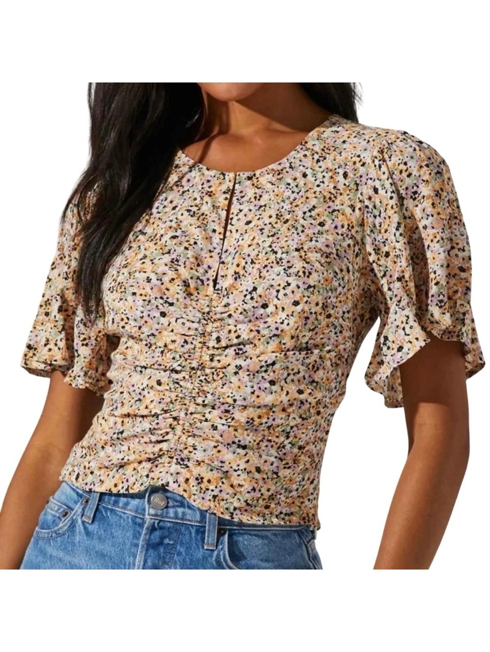 ASTR the Label Keyhole Flutter Sleeve Top – Sage Peach Ditzy Floral – XS
